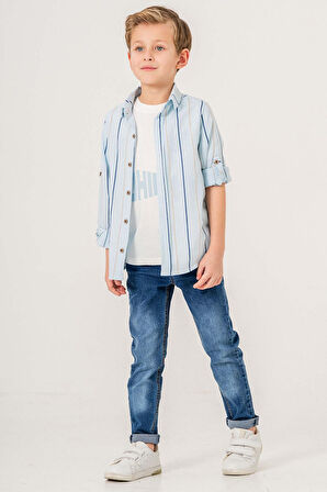 Çizgili Desenli Uzun Kol 3 Parça Erkek Çocuk Gömlekli Takım