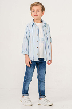 Çizgili Desenli Uzun Kol 3 Parça Erkek Çocuk Gömlekli Takım