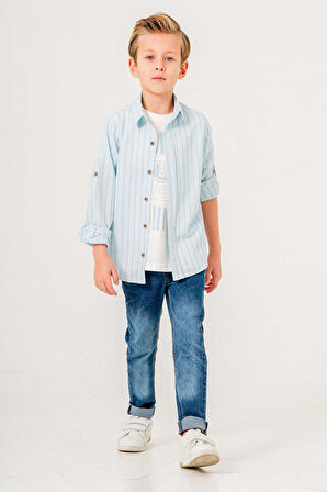 Çizgi Desenli Kot Pantolonlu 3 Parça Erkek Çocuk Gömlekli Takım