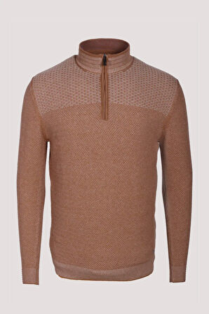 Erkek Triko Yarım Fermuarlı Camel Slim Fit Desenli Pamuklu Knitwear NCS JEANS 3709