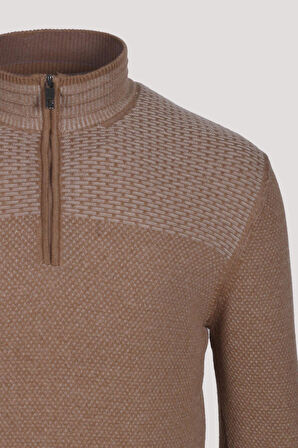 Erkek Triko Yarım Fermuarlı Camel Slim Fit Desenli Pamuklu Knitwear NCS JEANS 3709
