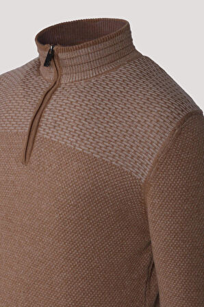 Erkek Triko Yarım Fermuarlı Camel Slim Fit Desenli Pamuklu Knitwear NCS JEANS 3709