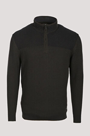  Erkek Triko Yarım Fermuarlı Triko Haki Slim Fit Desenli Pamuklu Knitwear NCS JEANS 3709