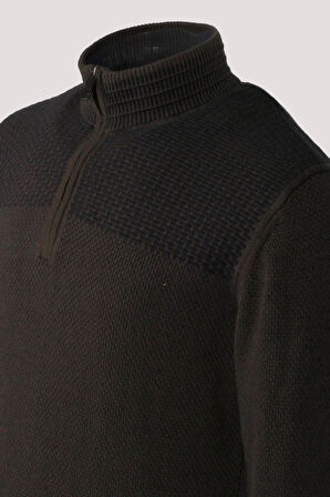  Erkek Triko Yarım Fermuarlı Triko Haki Slim Fit Desenli Pamuklu Knitwear NCS JEANS 3709
