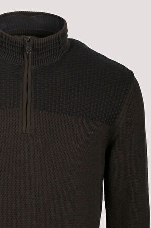 Erkek Triko Yarım Fermuarlı Triko Haki Slim Fit Desenli Pamuklu Knitwear NCS JEANS 3709