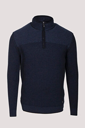  Erkek Triko Yarım Fermuarlı Triko Lacivert Slim Fit Desenli Pamuklu Knitwear NCS JEANS 3709