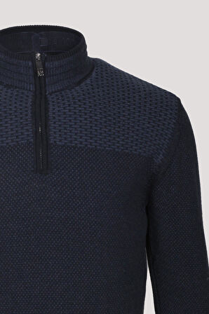  Erkek Triko Yarım Fermuarlı Triko Lacivert Slim Fit Desenli Pamuklu Knitwear NCS JEANS 3709