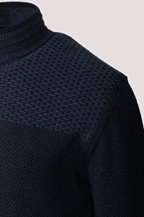  Erkek Triko Yarım Fermuarlı Triko Lacivert Slim Fit Desenli Pamuklu Knitwear NCS JEANS 3709