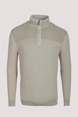 Erkek Triko Yarım Fermuarlı Bej Slim Fit Desenli Pamuklu Knitwear NCS JEANS 3709