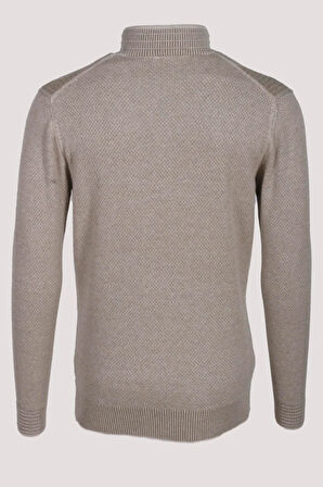 Erkek Triko Yarım Fermuarlı Bej Slim Fit Desenli Pamuklu Knitwear NCS JEANS 3709