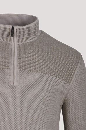 Erkek Triko Yarım Fermuarlı Bej Slim Fit Desenli Pamuklu Knitwear NCS JEANS 3709