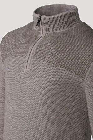 Erkek Triko Yarım Fermuarlı Bej Slim Fit Desenli Pamuklu Knitwear NCS JEANS 3709