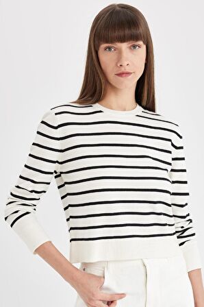 DeFacto Regular Fit Yumuşak Dokulu Bisiklet Yaka Çizgili Triko Kazak C5261AX24AUER105