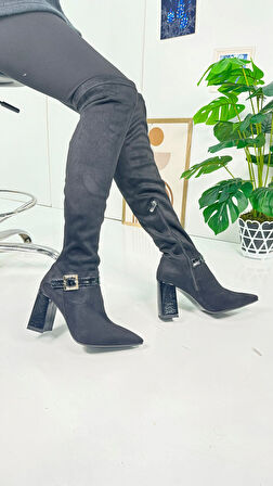 Günlük Kadın Çizme Kalın Deri Topuklu Altın Tokalı Dizüstü Streç Süet Sivri Burun Tırtıklı Taban 371