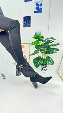 Günlük Kadın Çizme Kalın Deri Topuklu Altın Tokalı Dizüstü Streç Süet Sivri Burun Tırtıklı Taban 371