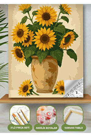 Sayılarla Boyama Seti 40x50 Cm (Çıtalı) Fırça Boya Dahil Numaralı Tuval Ay Çiçeği Toprak Uzun Vazo