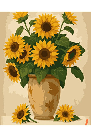 Sayılarla Boyama Seti 40x50 Cm (Çıtalı) Fırça Boya Dahil Numaralı Tuval Ay Çiçeği Toprak Uzun Vazo