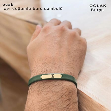 14 Ayar Altın Plakalı Ocak Ayı Doğumları İçin Yeşil Derili Dikdörtgen Motifli Hediye Bileklik-371