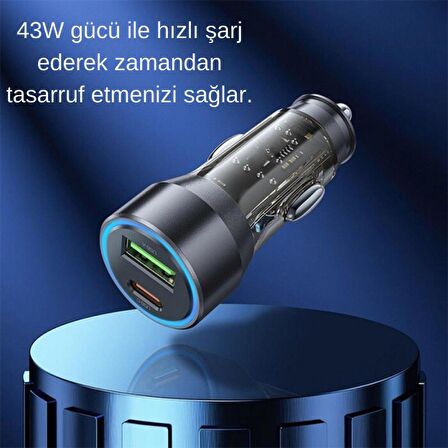 Coofbe Super Şarj USB+Type-C Giriş PD43W Araç Çakmaklık Şarjı Type-C Şarj Kablosu Araç Şarj Cihazı