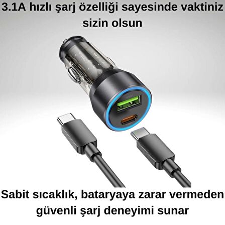 Coofbe Super Şarj USB+Type-C Giriş PD43W Araç Çakmaklık Şarjı Type-C Şarj Kablosu Araç Şarj Cihazı