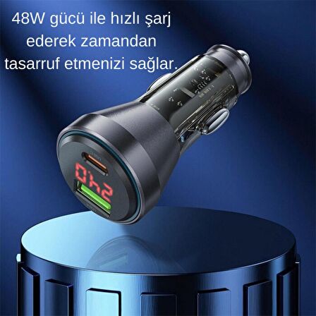 Coofbe Super Şarj Dijital Göstergeli USB+Type-C Giriş PD48W Araç Çakmaklık Şarjı Araç Hızlı Şarj Aleti