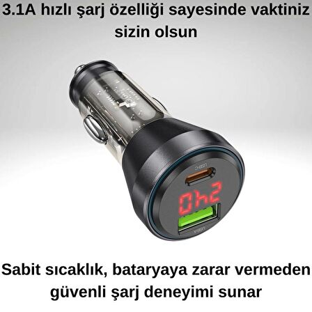 Coofbe Super Şarj Dijital Göstergeli USB+Type-C Giriş PD48W Araç Çakmaklık Şarjı Araç Hızlı Şarj Aleti