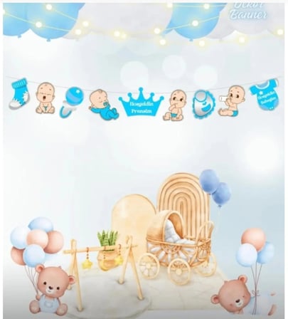 Hoş Geldin Bebeğim Dekor Banner Mavi Erkek Bebek Doğum Süsü 220 cm
