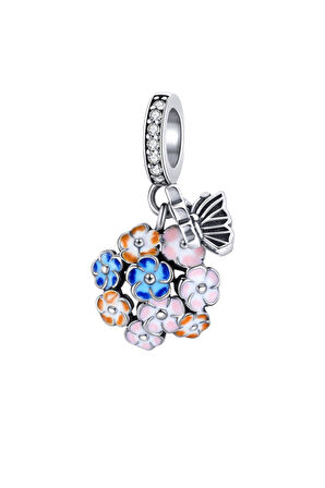 Menekşe Buketi ve Kelebek Charm | 925 Ayar Gümüş