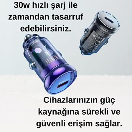 Coofbe Şarj Akım Korumalı Type-C Girişli PD30W Araç Çakmaklık Şarjı Şarj Akım Korumalı  Araç Çakmaklık Hızlı Şarj Aleti