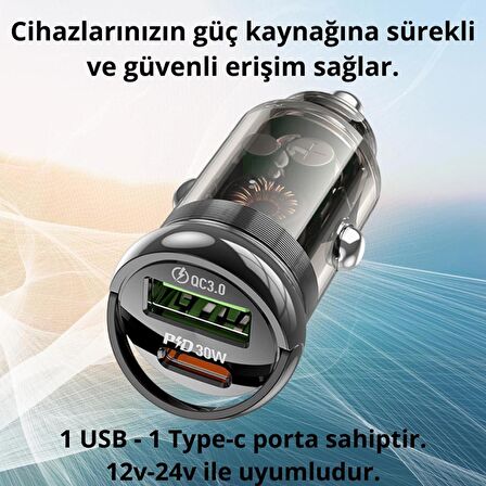 Coofbe HC Super Şarj QC3.0 PD30W  Type-C USB Girişli Araç Şarj Aleti Araç Çakmaklık Hızlı Şarj Aleti