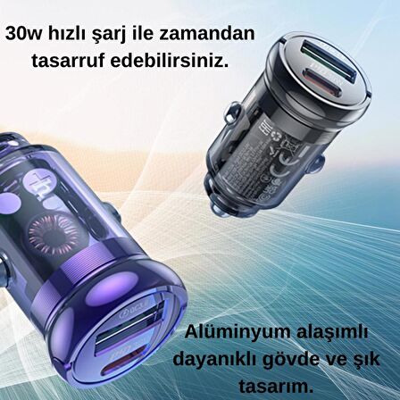 Coofbe HC Super Şarj QC3.0 PD30W  Type-C USB Girişli Araç Şarj Aleti Araç Çakmaklık Hızlı Şarj Aleti