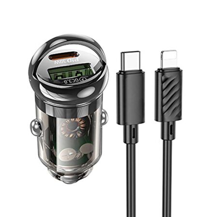 Coofbe HC Super Şarj USb Type-C Girişli Ve İphone Şarj Kablolu PD30W Araç Şarjı Araç Çakmaklık Hızlı Şarj Aleti