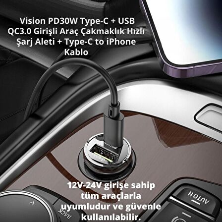 Coofbe HC Super Şarj USb Type-C Girişli Ve İphone Şarj Kablolu PD30W Araç Şarjı Araç Çakmaklık Hızlı Şarj Aleti