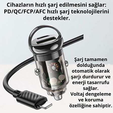 Coofbe HC Super Şarj USb Type-C Girişli Ve İphone Şarj Kablolu PD30W Araç Şarjı Araç Çakmaklık Hızlı Şarj Aleti