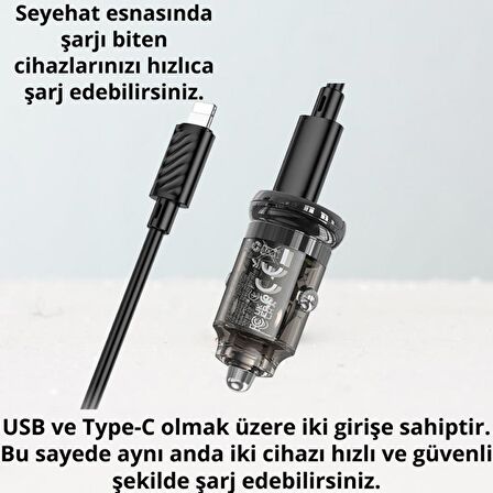 Coofbe HC Super Şarj USb Type-C Girişli Ve İphone Şarj Kablolu PD30W Araç Şarjı Araç Çakmaklık Hızlı Şarj Aleti
