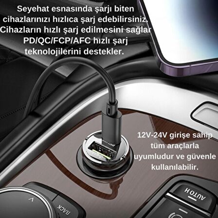 Coofbe HC QC3.0 PD30W Araç Şarj Seti Type-C USB Girişli Type-C Kablolu Araç Şarjı Araç Çakmaklık Hızlı Şarj Aleti