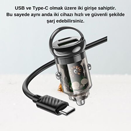 Coofbe HC QC3.0 PD30W Araç Şarj Seti Type-C USB Girişli Type-C Kablolu Araç Şarjı Araç Çakmaklık Hızlı Şarj Aleti