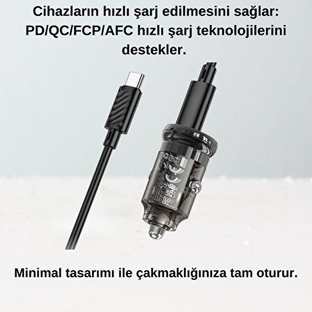 Coofbe HC QC3.0 PD30W Araç Şarj Seti Type-C USB Girişli Type-C Kablolu Araç Şarjı Araç Çakmaklık Hızlı Şarj Aleti
