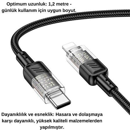 Coofbe Transparan Super Şarj 27W Type-C to İphone Şarj Kablosu İphone 11 12 13 14 Pro Max Şarj Kablo