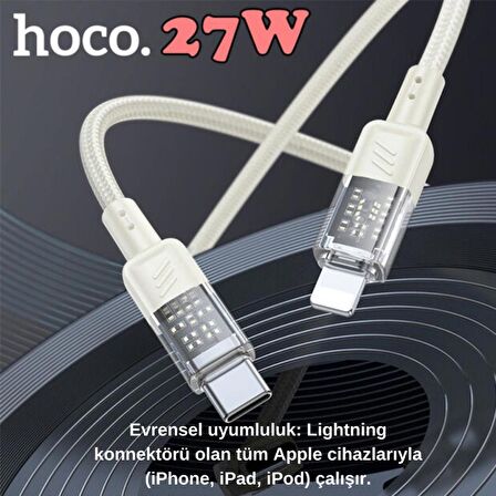Coofbe Transparan Super Şarj 27W Type-C to İphone Şarj Kablosu İphone 11 12 13 14 Pro Max Şarj Kablo