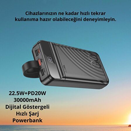 Coofbe Dijital Göstergeli Led Işıklı Ultra Hızlı Şarj Akım Korumalı 22.5W+PD20W 30000mAh Powerbank