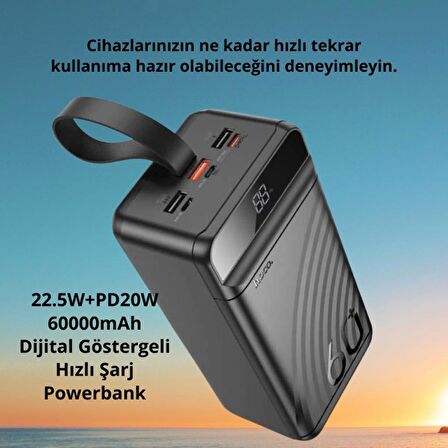 Coofbe Led Işıklı Ultra Hızlı DEV 22.5W+PD20W 60000mAh Powerbank Güç Bankası Şarj Akım Korumalı