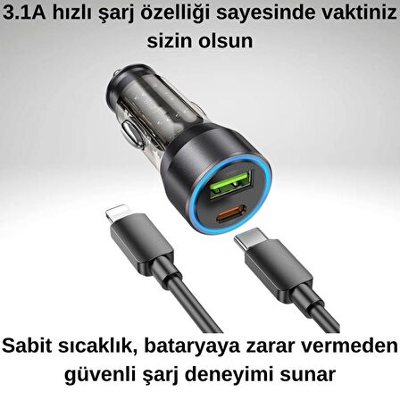 Coofbe Super USB+Type-C Giriş PD43W Araç Çakmaklık Şarjı İphone Şarj Kablosu İphone 14 13 12 11 Şarj