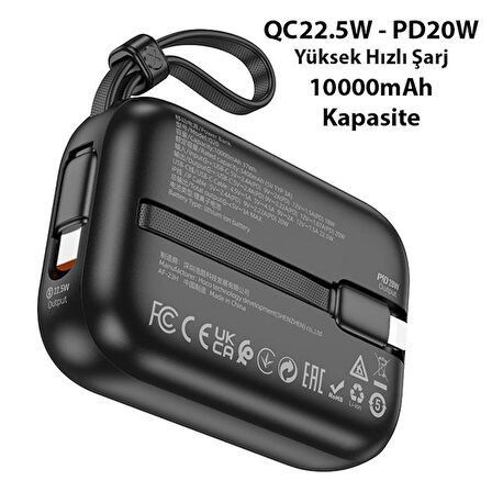Coofbe Dijital Göstergeli Dahili Type-C Kablolu Ve İphone Kablolu 22.5W+PD20W 10000 Mah Powerbank