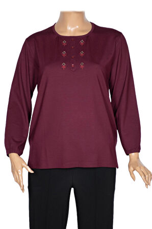 Cimariva Kadın Neşe Büyük Beden O Yaka Robası Nakışlı Bordo Bluz