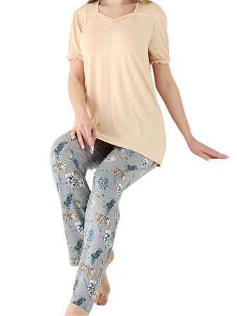 Kadın Düğmesiz Kol Detaylı  Likra Viskon Kısa Kol Tunik Pijama Takımı
