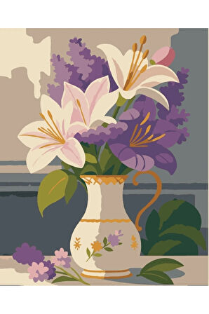 Sayılarla Boyama Seti 40x50 Cm (Çıtalı) Fırça Boya Dahil Numaralı Tuval Sürahi Mor Beyaz Lale