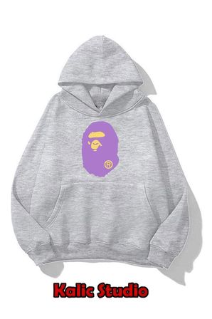 unisex Bape Baskılı oversize sweatshirt gri