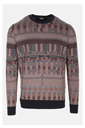 Erkek Triko Lacivert Bisiklet Yaka Desenli Slim Fit Pamuklu Kazak NCS JEANS 3721