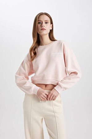 DeFacto Boxy Fit Bisiklet Yaka Baskılı Kalın Crop Sweatshirt C5386AX23CWPN364